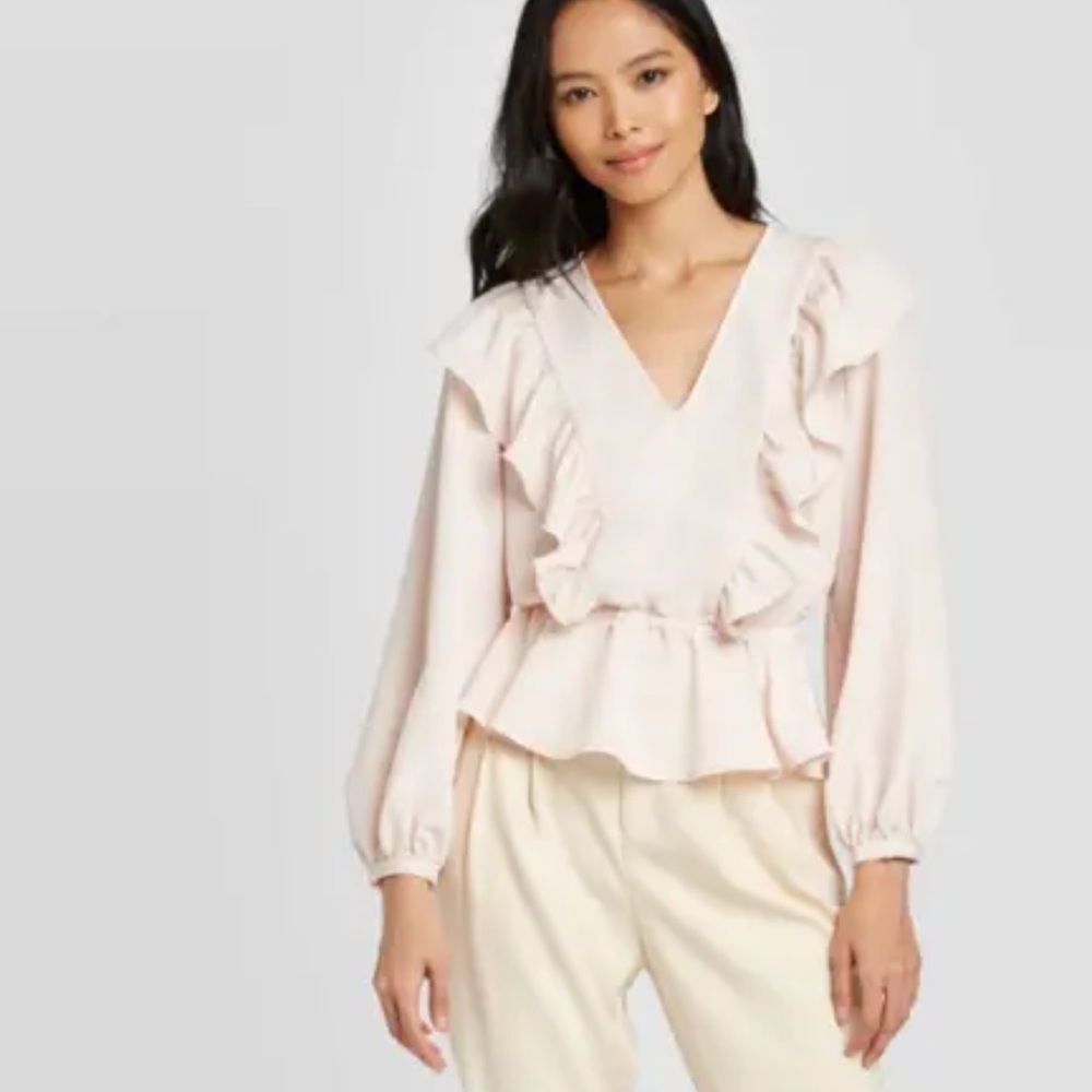 Who What Wear Blush Pink Ruffle Peplum Long Sleeve Silky Top XS